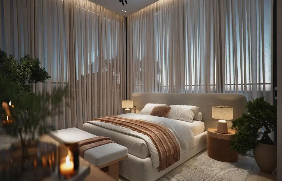 Bedroom with floor-to-ceiling curtains and balcony access