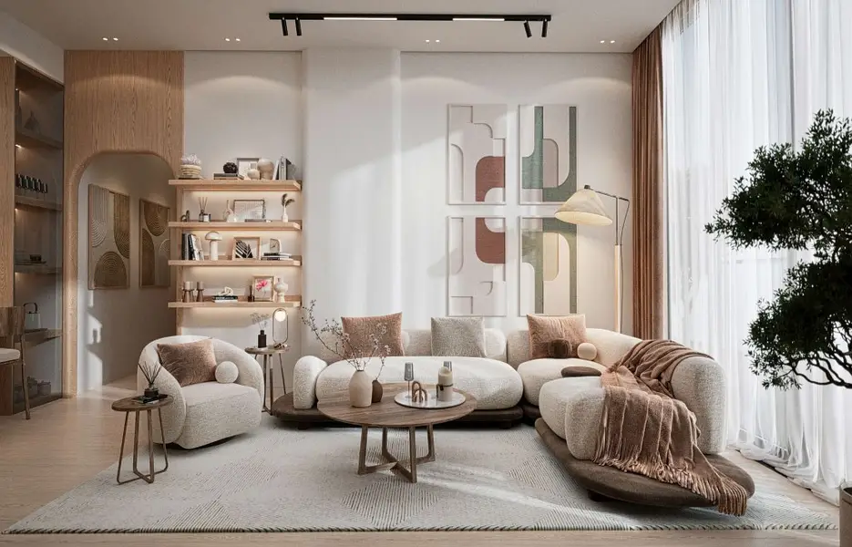 Open living room with double-height windows and built-in shelving