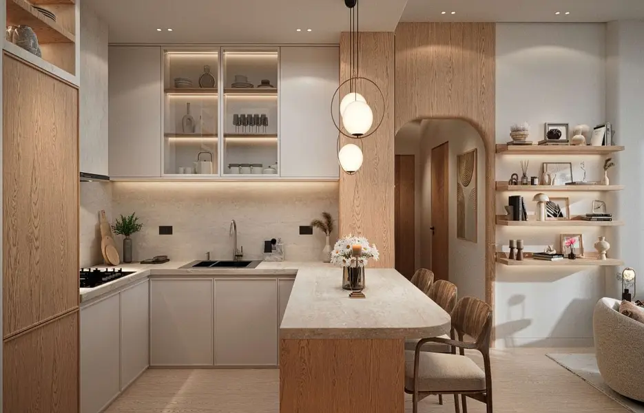 Kitchen with breakfast island and integrated cabinetry